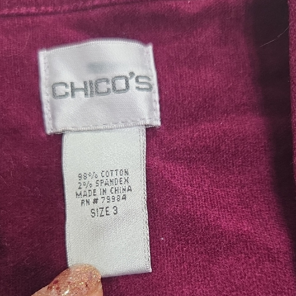 Chico's Rich Burgundy Corduroy Blazer Sz3 (Chicos Size, Migh Fit 3X) Pre-owned - Picture 2 of 7